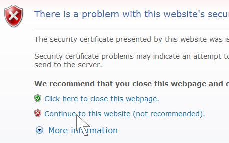 U dijalogu koji se pojavi kliknite na Continue to this website, i time je podešavanje sertifikata u programu Internet Explorer 8 završeno.